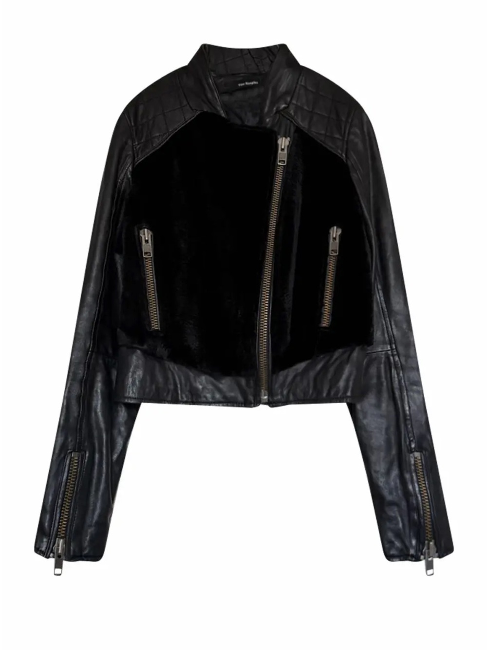 The Kooples Black Leather and Fur-Front Moto Jacket